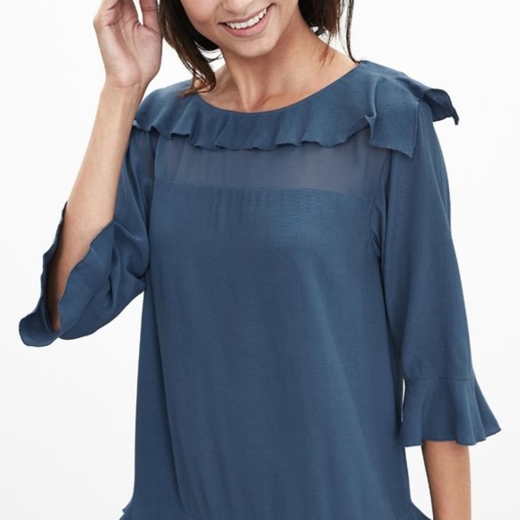 Banana Republic blue Tiered Ruffle Dress 3/4 sleeve size 2 (M21) - Picture 2 of 7